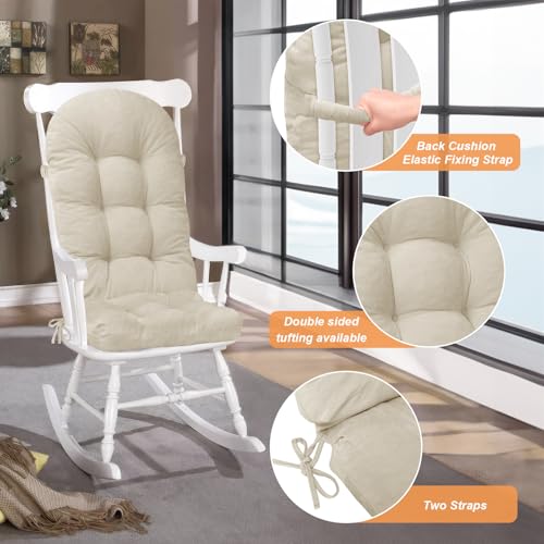 Rocking Chair Cushion - Chenille Fabric, High-Density Sponge, Durable Comfort Double-Sided Tufted Seat Pads with Ties, Chenille︱Oyster White, 44x19x4 inch - color: Reversible | Oyster White