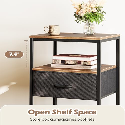SUPERJARE Night Stand with Charger Station, 27.7 Inch Tall Nightstand with Adjustable Fabric Drawer, Bed Side Table, Fabric Drawer Dresser for Bedroom, Living Room, Rustic Brown and Black - color: Rustic Brown and Black, size: L (15.7"D x 17.7"W x 27.7"H)