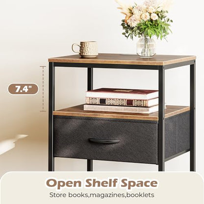 SUPERJARE Night Stand with Charger Station, 27.7 Inch Tall Nightstand with Adjustable Fabric Drawer, Bed Side Table, Fabric Drawer Dresser for Bedroom, Living Room, Rustic Brown and Black - color: Rustic Brown and Black, size: L (15.7"D x 17.7"W x 27.7"H)