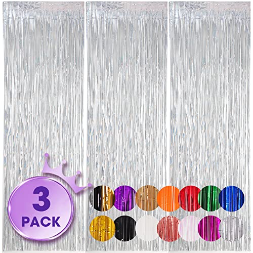 Voircoloria 3 Pack 3.3x8.2 Feet Laser Silver Foil Fringe Backdrop Curtains, Tinsel Streamers Birthday Party Decorations, Fringe Backdrop for Graduation, Baby Shower, Gender Reveal, Disco Party - color: 08 Laser Silver