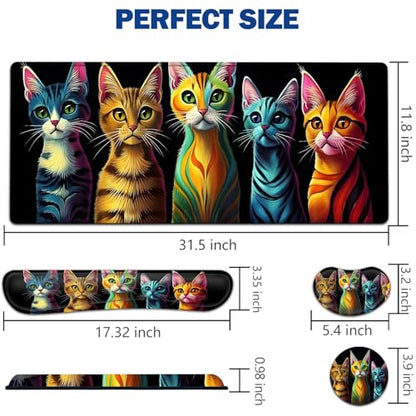 Large Mouse Pad + Keyboard Wrist Rest Set, Extended Gaming Mousepad (31.5X11.8 inch) with Non-Slip Rubber, Ergonomics Memory Foam Mouse Wrist Rest Support, Colorful Abstract Cat XXL Desk Pad - color: Yu-Mouse Pad-3-B34