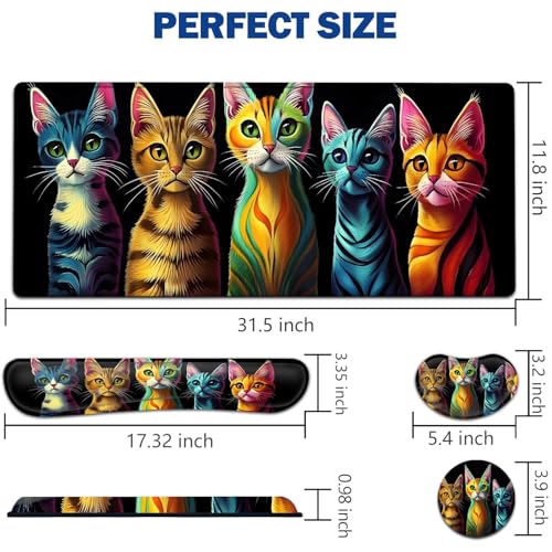 Large Mouse Pad + Keyboard Wrist Rest Set, Extended Gaming Mousepad (31.5X11.8 inch) with Non-Slip Rubber, Ergonomics Memory Foam Mouse Wrist Rest Support, Colorful Abstract Cat XXL Desk Pad - color: Yu-Mouse Pad-3-B34