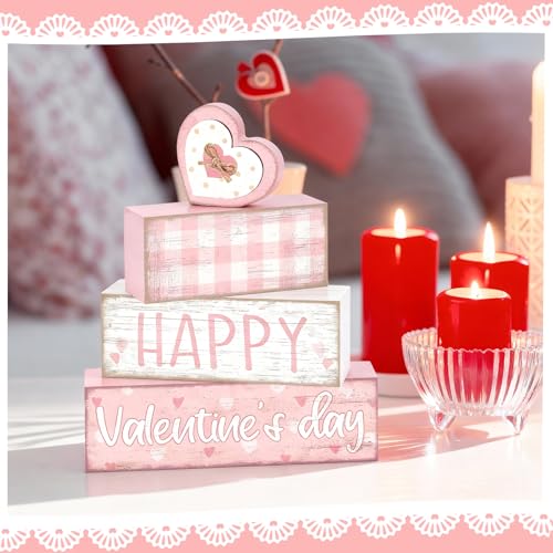 Britimes 4Pcs Valentine’s Day Table Decor Happy Valentine’s Day Pink Heart Tiered Tray Decorations Set Rustic Farmhouse Wooden Stack Block Signs Romantic Tabletop Decor for Table & Home Office Gift - style: Pink Happy Valentine