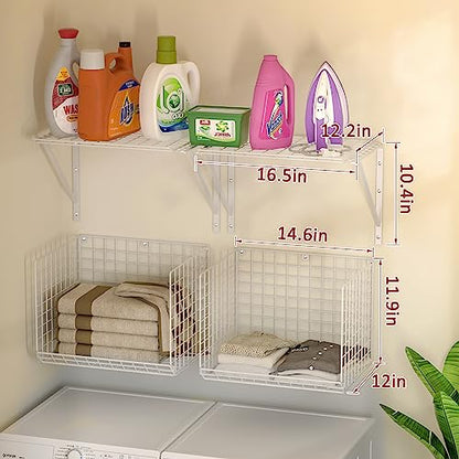 2 Pack Laundry Room Shelves Wall Mounted with Wire Baskets, Over the Washer and Dryer Shelf with Clothes Drying Rack, 8 Hooks，Wire Shelves Baskets for Laundry Closet Organization and Storage, White - color: White