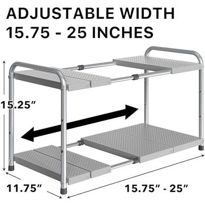 Simple Houseware Under Sink 2-Tier Heavy Duty Expandable Rack Organizer, Adjustable Width 15.75–25 Inches with 4 Shelf Height Levels, Silver - color: Silver