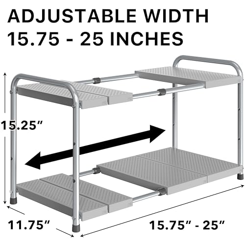 Simple Houseware Under Sink 2-Tier Heavy Duty Expandable Rack Organizer, Adjustable Width 15.75–25 Inches with 4 Shelf Height Levels, Silver - color: Silver