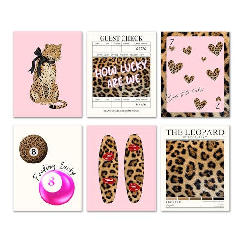 Isfvqyub Preppy Cheetah Leopard Wall Art, Aesthetic Lucky 8 Ball Stockholm Poster For Girl Boy, Trendy Pink Poker Wall Decor For Bedroom Dorm College Apartment Office, Set Of 6 -A04 - size: Leopard