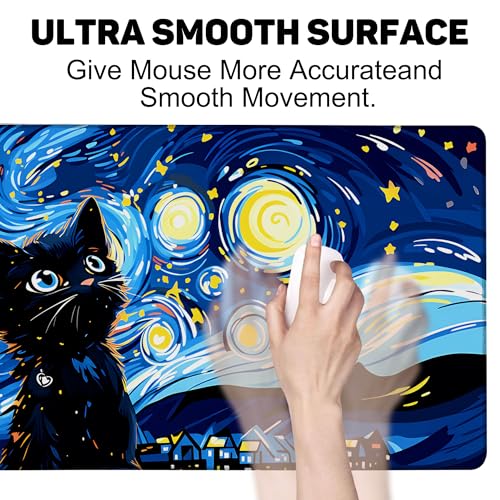 Starry Night Cat Gaming Mouse Pad Large Desk Mat Extended Keyboard Anime Mousepad with Non-Slip Base and Stitched Edge for Desk Home Office Gaming,35.4 x 15.7 Inch - color: Starry Night Cat, size: 15.7*35.4inch