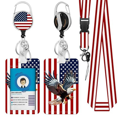 Unitedstates Flag Lanyards ID Badge, American Flag ID Badge Holder with Retractable Reel Clip and Keychain, Vertical Heavy Duty Identity Badge Cover Case Protector for Teacher Nurse Women Man - color: Nationalflag-red