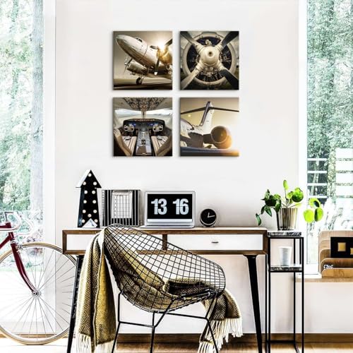 Vintage Airplane Wall Art Aviation Decor Airplane Propeller Wall Decor for Boys Room Office Military Fighter Canvas Poster Aircraft Engine Artwork for Mens Bedroom Man Cave Home Decoration 12x12" 4Pcs - color: Airplane, size: 12 x 12 in