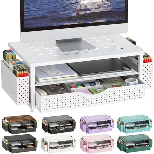 gianotter Desk Organizers and Accessories, Monitor Stand with Drawer and 2 Pen Holder, Desktop Organizer Suitable for Offices and Dormitories (White) - color: White-Ventilated