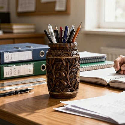 Craft Trade Hand Carved Wooden Pen Holder & Pencil Cup, Natural Wood Desk Organizer Storage Box - Leaf Maroon - color: Leaf Maroon