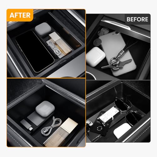 BANKKY Center Console Organizer for Tesla Model 3 Highland 2024-2026 & Model Y Juniper 2025-2026, 2PCS Armrest Storage Tray with Anti-Slip Liner, ABS Black Tesla Accessories - size: 2PCS (24-26) Model3 Black