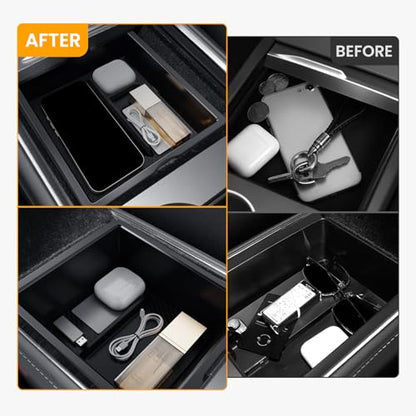BANKKY Center Console Organizer for Tesla Model 3 Highland 2024-2026 & Model Y Juniper 2025-2026, 2PCS Armrest Storage Tray with Anti-Slip Liner, ABS Black Tesla Accessories - size: 2PCS (24-26) Model3 Black