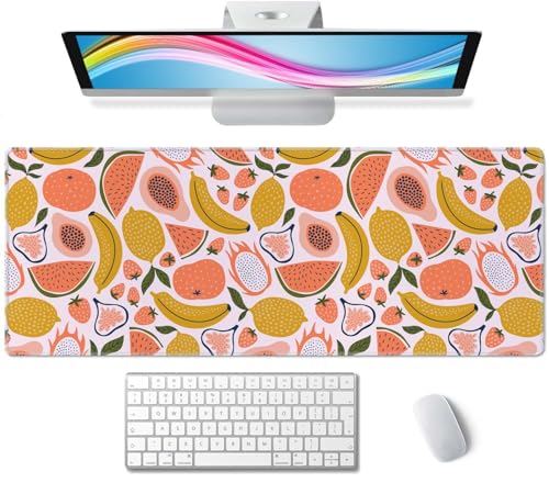 Fruit Desk Mat Yello Pink XL Mouse Pad Large Full Desk Mousepad Gaming Extended Keyboard Mouse Mat Desk Pad for Computer Laptop 31.5''X11.8'' Non-Slip Rubber Base with Stitched Edges - color: Fruit