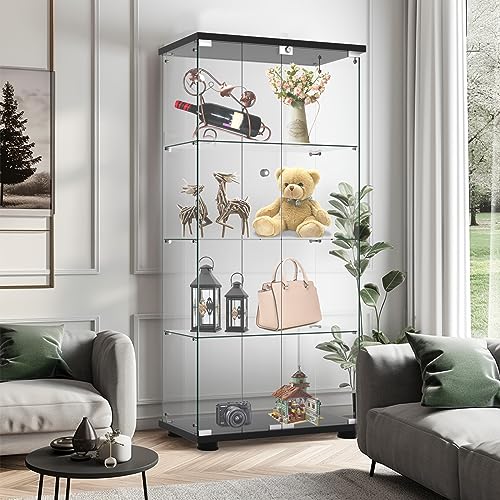 Display Cabinet with Glass Door and Lock, 4-Shelf Fast Installation in 30 Mins Curio Cabinets with 5mm Tempered Glass Floor Standing Bookshelf for Bedroom, Living Room (65'' x32'' x14'', Black) - color: 2-door 4-shelf, Black