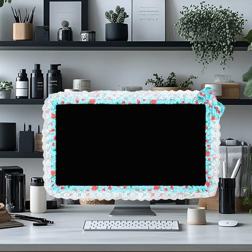 24-inch Cute Lace Fabric Monitor Cover with Elastic Pen Pocket & Bow-knot Design, Dust Protector for Computer/TV/LCD Screens - Blue - color: Blue & Cherry Strawberry