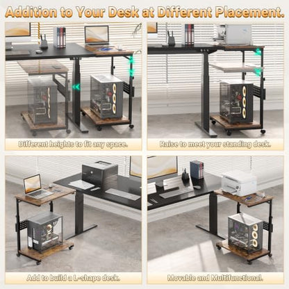 Besiost Computer Tower Stand with Power Strips, 4 Levels Manual Height Adjustable PC Tower Stand for Under Desk, Mobile Rolling CPU Holder, Computer Cart with Wheels, 24", Rustic Brown - color: Rustic Brown, size: 24"