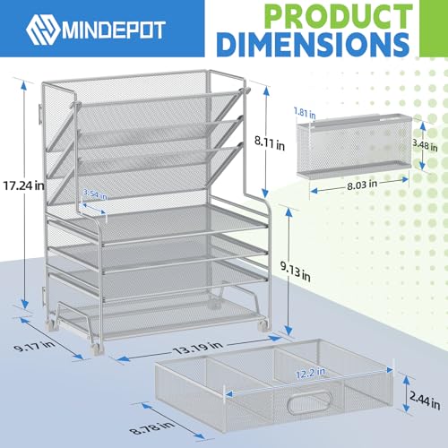 MINDEPOT 4-Tier Paper Organizer + 3-Pocket File Holder + Drawer + Pen Holders, Desktop File Organizers Paper Tray for Office Supplies School Classroom Organization (Silver, with Drawer & Pen Holder) - color: Silver, with Drawer & Pen Holder