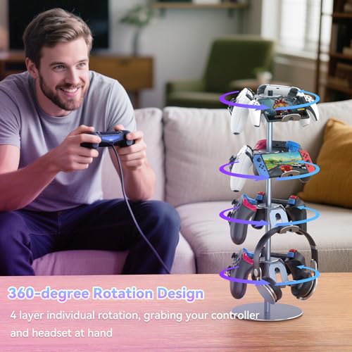 4-Tier 360°Rotating Controller Stand for PS5/Xbox/Switch/PS4 | Aluminum Game Controller Heaset Holder for Desk, 12 Hangers to Place, Spinning Controller Organizer Rack, Grey - color: Grey