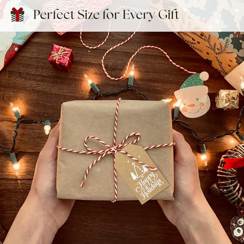 Christmas Gift Tags - 80 Kraft-Style Gift Tags with String, 8 Modern Script Designs - Thick Cardstock Christmas Lables & Name Tags - style: Kraft