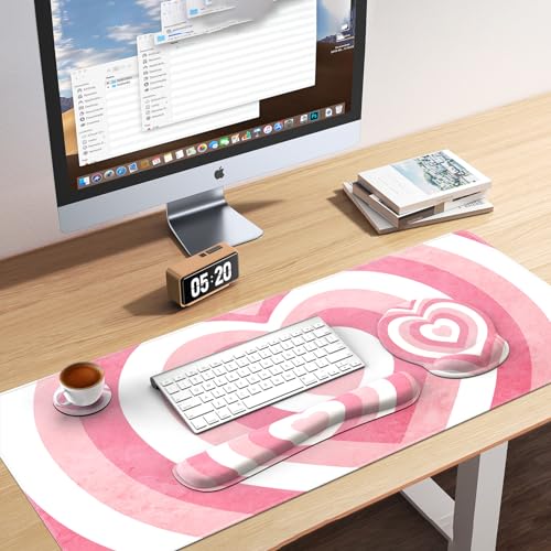 iLeadon Pink Desk Mat, Desk Pad + Pink Mouse Pad with Wrist Rest + Keyboard Wrist Rest + Coaster, 4in1 Mouse Pad Set, Mouse and Keyboard Pad for Home Office, Heart Pink - color: Heart Pink