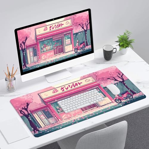 Japanese Anime Mouse Pad Pink Cherry Tokyo Street Aesthetic Large Gaming Mouse Mat with Stitched Edges,Non-Slip Waterproof Rubber Base Mous Mat Office Computer Keyboard Laptop Home 31.5x11.8 Inch - color: Japanese Anime, size: 31.5" x 11.8"