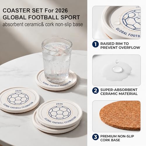 Y2026 Drink Coasters Set of 2 for The World Cup, Anti-Slip Thick Cork Absorbent Coasters with Raised Edge, Stone Drying Mat for Cups, Sink Tray, Soap Dish & Small Plants (2PACK 4X4X0.39 in_footable) - color: Ball