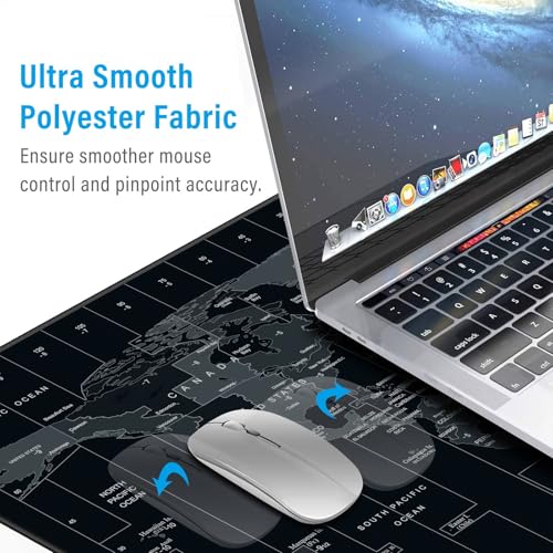Large Mouse Pad 35.4x15.7 Inch World Map - XXL Gaming Desk Mat with Non-Slip Rubber Base, Stitched Edges | Keyboard and Mouse Pad for Gaming/Office | Portable Desk Pad - color: Dark black