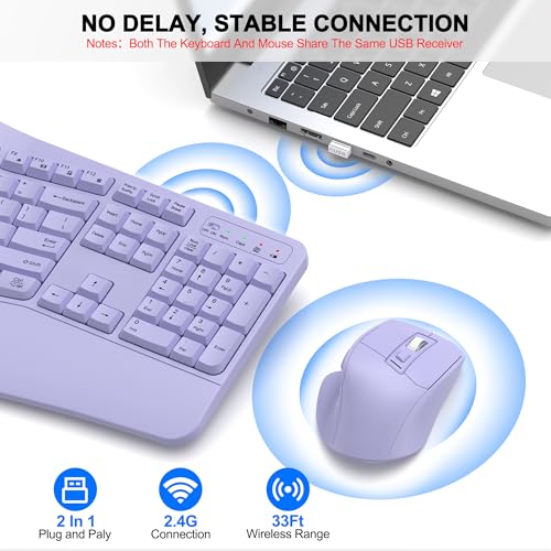 Wireless Keyboard and Mouse Combo, 2.4G Full Size Wave Keys Ergonomic Keyboard with Wrist Rest and 3-Level DPI Adjustable Wireless Ergonomic Mouse for Windows, Mac OS Desktop/Laptop/PC(Purple) - color: purple