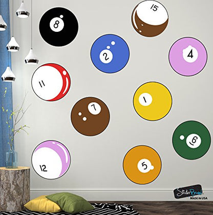 15 Billiard Balls Wall Decal Stickers Printed Graphic Game Room Decor Vinyl Wall Art. (All 15 Balls are 11 inches Around) #OS_MB130B. - size: All Balls are 11in in size.