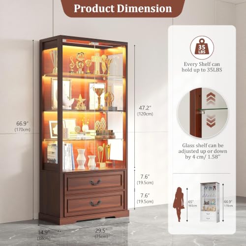 TAGELIER 67" Tall Glass Display Cabinet with Doors and 2 Storage Drawers | Sturdy Curio Cabinet with Adjustable Shelves, Smart Motion Sensor LED Lights for Living Room, Display Case for Collectibles - color: Walnut