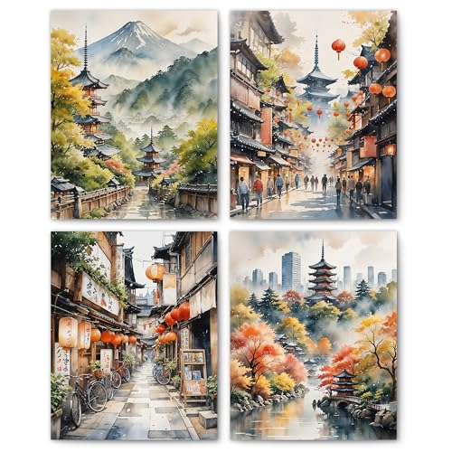FITIE Japanese Architectural Streets Fall Landscape Wall Art Posters Set of 4, Vintage Japanese Metropolitan Nature Scenery Canvas Prints Artwork Wall Decor for Bedroom Home, 8x10 Unframed - color: Color-Nature Landscape 07