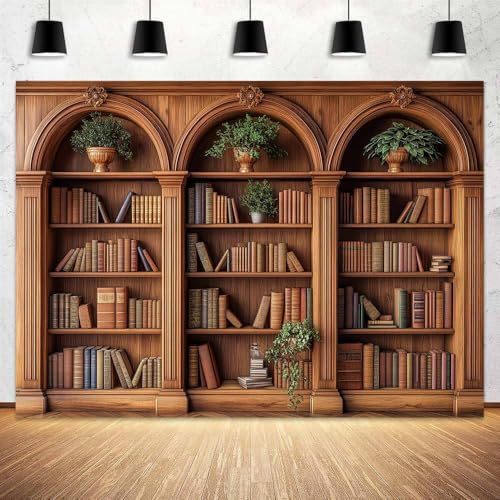 12 x 10 ft Arched Bookshelf Backdrop Modern Vintage Library Books Office Plants Video Conference Photography Home Office Meetings Indoor Decorations Photo Banner Props - color: Brown3, size: 12X10FT