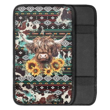 Wanyint Aztec Highland Cow Sunflower Auto Center Console Armrest Pad Theme Seat Box Cover Universal Fit Car Armrest Cover Cushion Mat for Sedan, Van, SUV - color: Aztec Highland Cow Sunflower