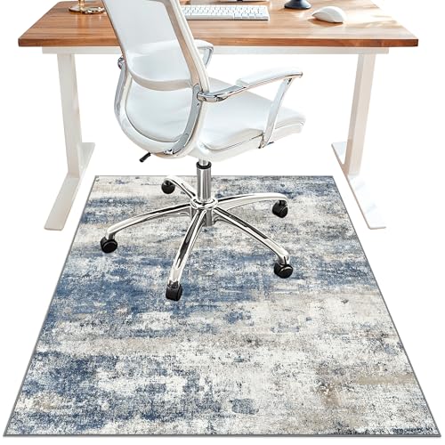 Office Chair Mat for Hardwood Tile Floor, Abstract 36"X 60" Desk Mats for Office Chair on Rolling Chairs Carpet, Desk Anti-Slip 1/5" Thick Rug for Computer Chair, Thin Low-Pile Floor Mat, Navy Beige - color: Navy Beige, size: 36"x60"
