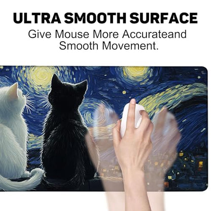 Black Cat and White Cat Look Starry Sky Gaming Mouse Pad with Stitched Edges Non-Slip Rubber Base Mouse Pad for Office,Computer,Keyboard,Laptop and Home Desk,31.5 x 11.8 Inch - color: Black Cat and White Cat Look Starry Sky, size: 11.8*31.5inch