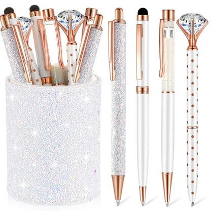 Sabary 8 Pcs White Pens with Pen Holder for Desk Glitter Crystal Diamond Cute Ballpoint Fancy Pencil Holder Bling Desk Organizer for Women Girls School Office Supplies Wedding Graduation Gifts - color: White