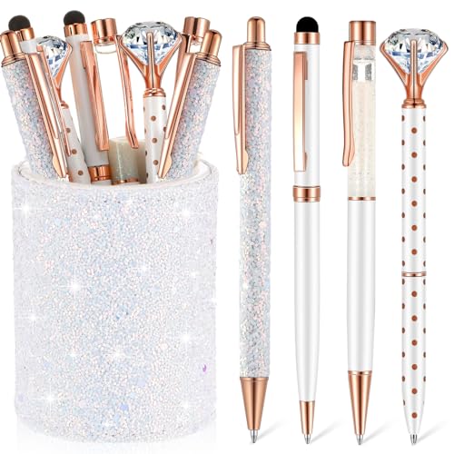 Sabary 8 Pcs White Pens with Pen Holder for Desk Glitter Crystal Diamond Cute Ballpoint Fancy Pencil Holder Bling Desk Organizer for Women Girls School Office Supplies Wedding Graduation Gifts - color: White