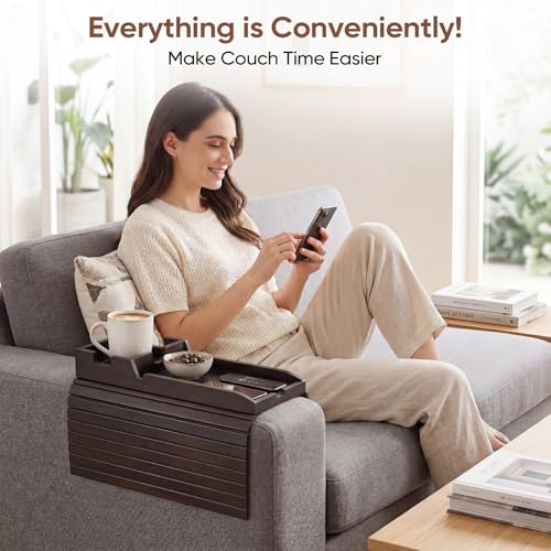 Bamboo Couch Arm Tray Table with Built-in Cup Holder, Foldable Anti-Slip Sofa Armrest Table for Drinks, Phone & Remote, Fits 4.7–16.9 in Armrests, Holds Cups up to 3.5 in Diameter (Brown) - color: Brown