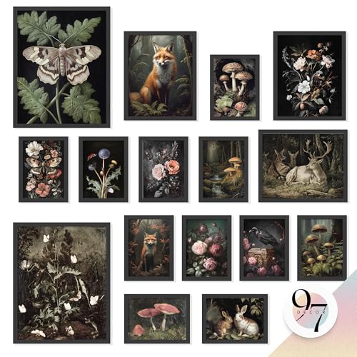97 Decor 16 Pcs Dark Cottagecore Decor - Large Cottage Core Wall Art, Moody Woodland Forest Decorations Mushroom Posters For Room Aesthetic Pictures, Vintage Nature Prints For Home Bedroom (Unframed) - color: Cottagecore Corner, size: UNFRAMED