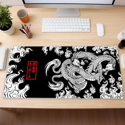 Japanese Dragon Desk Mat, Black White Large Gaming Mouse Pad 31.5x15.7 in | Stunning high contrast ink dragon desk pad providing elite tracking accuracy, plush support, and anti-fray borders. - color: Dragon