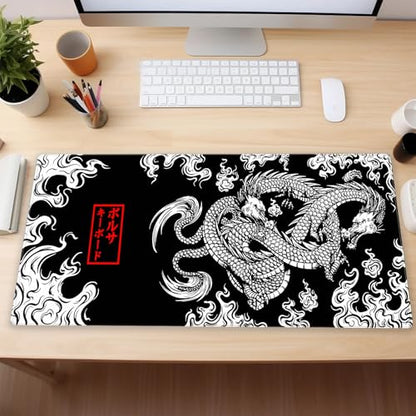 Japanese Dragon Desk Mat, Black White Large Gaming Mouse Pad 31.5x15.7 in | Stunning high contrast ink dragon desk pad providing elite tracking accuracy, plush support, and anti-fray borders. - color: Dragon