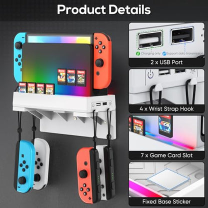 RGB Switch Wall Mount for Nintendo Switch/OLED, Games Console Wall Shelf with 7 Light Mode,Station Stand Holder for Switch Console, 7 Game Card Slots, 4 Controller Storage Hook for Switch Accessories - size: White