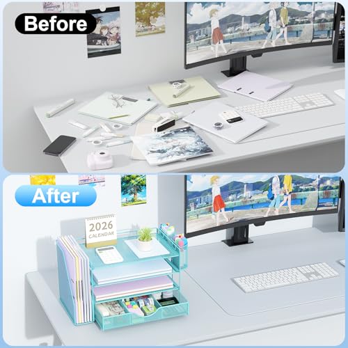 gianotter Desk Organizers and Accessories with File Holder, 4-Tier Desk Accessories & Workspace Organizers with Drawer and 2 Pen Holder, Paper Organizer for Office Supplies (Blue) - color: Blue