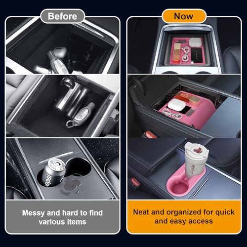 Pink Center Console Organizer 5PCS for Tesla Model Y Accessories 2024-2020 (Not Fit Juniper) Armrest Storage Tray with Hidden Box, Cup Holder Insert & Under Seat Storage - Custom Fit Interior Decor - size: 5PCS (20-24) ModelY Pink