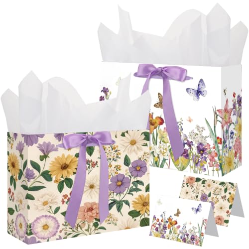 woric 2 Pcs Floral Gift Bag with Tissue Paper, 13.7" Large Vintage Flower Shower Gift Bags with Handle Ribbon Greeting Cards for Women Girls Birthday Wedding Bridal Showers Anniversaries Graduation - color: Vintage Flower