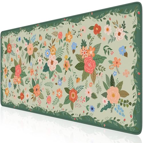 HAOCOO Cute Green Desk Mat, Floral Keyboard & Mouse Pad for Office/School/Home, Waterproof Large Desktop Mat, Non-Slip Cubicle Decor with Stitched Edge, Desk Pad Protector Girly Supplies - color: D-green, size: 35.4" x 15.7"