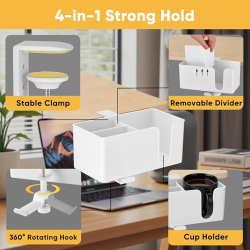4-in-1 Clip On Desk Cup Holder, Fits up to 40oz cups - Mountable Holder with Adjustable Divider & 360° Rotating Hook - No Spill Clamp On Drink Holder Attachment - for Desk Chair Table Bed Tray - White - color: White - 4" W Dual Cup