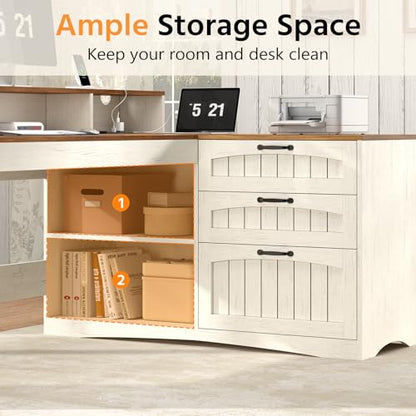 YOMILUVE Farmhouse L Shaped Desk, 61" Home Office Desk with Drawers and Storage Shelves, L Shaped Computer Desk with Power Outlet, Executive Desk with Monitor Stand, Printer Shelf, Brown and White